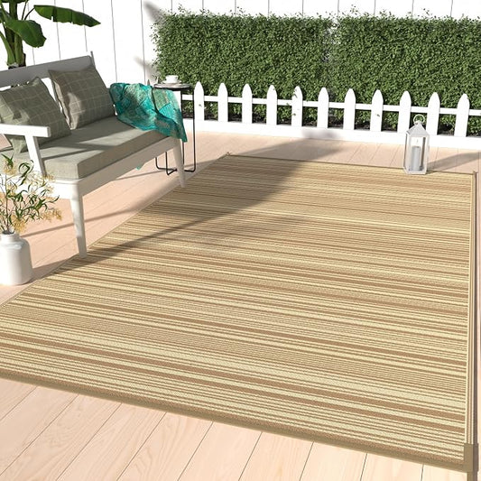 GENIMO Outdoor Rug, Waterproof Plastic Rugs for Patio, 6'x9' Deep Beige | Outside Larger Modern Carpet Mat for Porch Decor, Deck, Balcony, Camping, RV, Backyard, Picnic, Beach, Reversible, Foldable