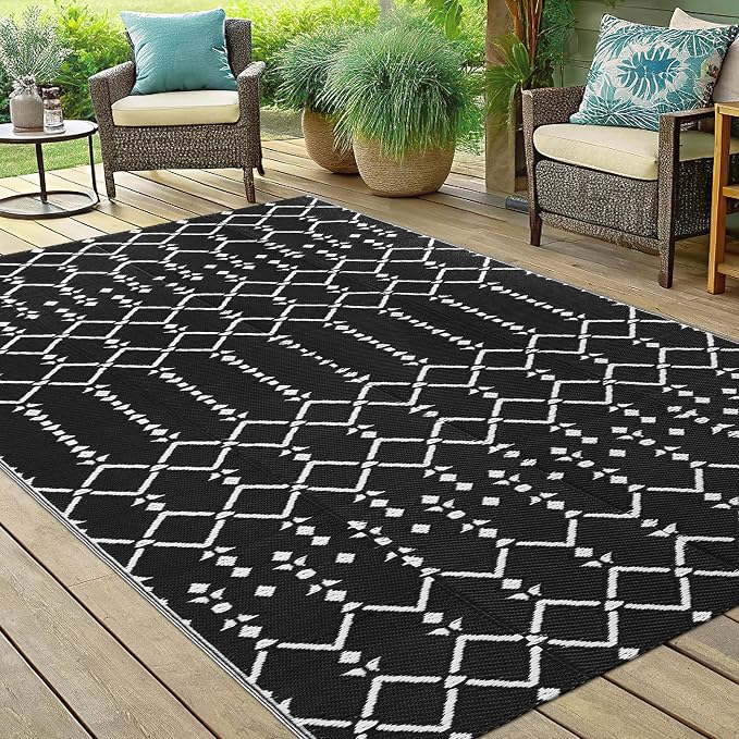 Smiry Outdoor Rug 5x8 ft Waterproof Reversible Boho Mat, Black | Polypropylene Plastic Straw, Quick Drying, Lightweight Foldable, for Patio, Deck, RV Camping, Backyard and Indoor Outdoor Use