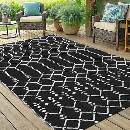 Smiry Outdoor Rug 5x8 ft Waterproof Reversible Boho Mat, Black | Polypropylene Plastic Straw, Quick Drying, Lightweight Foldable, for Patio, Deck, RV Camping, Backyard and Indoor Outdoor Use