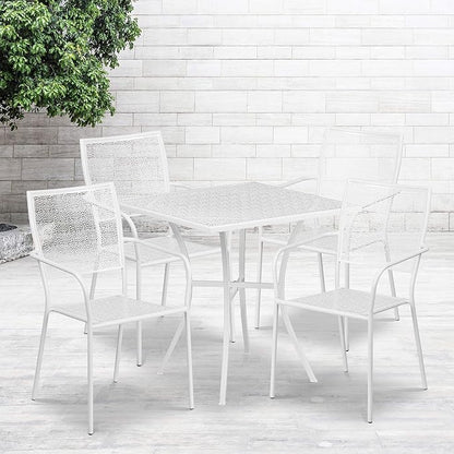 Flash Furniture Oia Commercial Grade 28" Square White Indoor-Outdoor Steel Patio Table Set with 4 Square Back Chairs