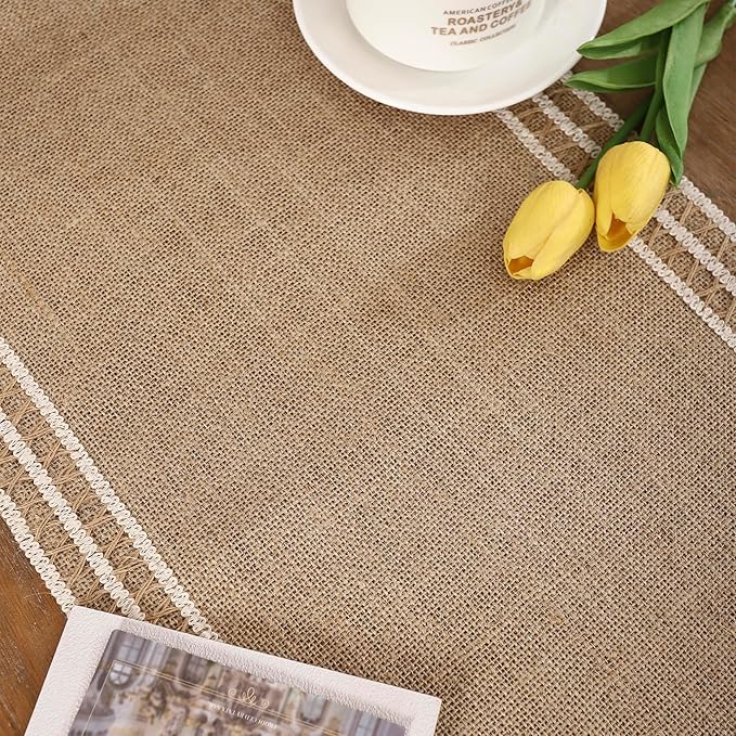 Burlap Table Runners 120 inch Natural Jute Table Runner Braided Table Runner Khaki Farmhouse Table Runner with Beige Lacework for Spring Summer Parties Everyday Holidays Dining Table