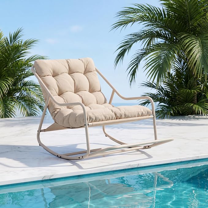 Outdoor Rocking Chairs, Metal Frame Outdoor Rocker with Footrest, Comfy Oversized Patio Chair with Thick Cushion, Reading Glider Lounge Chair for Living Room, Bedroom, Garden, Relax, Beige