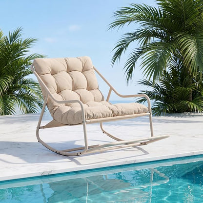 Outdoor Rocking Chairs, Metal Frame Outdoor Rocker with Footrest, Comfy Oversized Patio Chair with Thick Cushion, Reading Glider Lounge Chair for Living Room, Bedroom, Garden, Relax, Beige