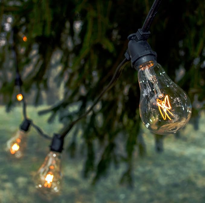 Commercial Vintage Edison String Lights (PS50 Clear - White Wire, 25 Foot) | PS50 Clear 7 Watt Bulbs, 25 Foot 20 Socket, Commercial Grade Outdoor Lights
