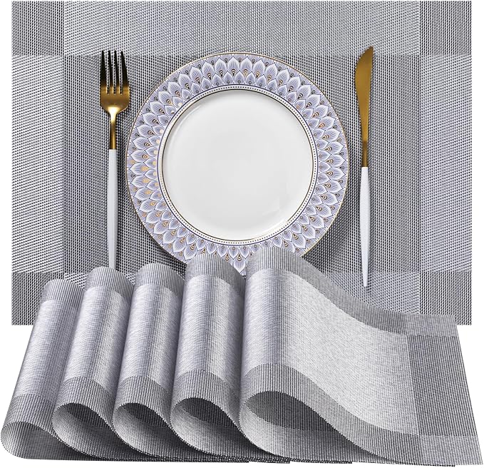 LEXMORE Placemats Set of 4 Vinyl/Plastic Woven Place Mats for Kitchen Table Indoor/Outdoor Washable Placemat Wipeable Dining Table Mats(Silver Cube)