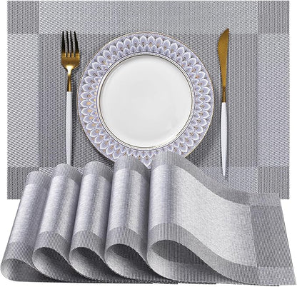 LEXMORE PlaceMats Set of 12 Vinyl/Plastic Woven Place Mats for Kitchen Table Indoor/Outdoor Washable PlaceMat Wipeable Dining Table Mats(Silver Cube)