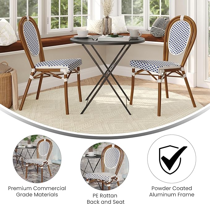 Flash Furniture Lourdes Indoor/Outdoor Commercial Thonet Bistro Stack Chair - White/Navy PE Rattan Back and Seat - Natural Bamboo Print Metal Frame - Set of 2