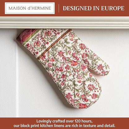 Maison d' Hermine Oven Gloves 100% Cotton Oven Mitt 7" x 13" with Loop Heat Resistant Cooking Gloves for Thanksgiving Christmas Decorations Baking Handling Hot Pans (Pack of 1, Reveillon Au Jardin)