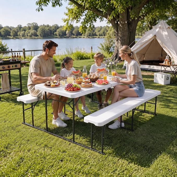 DWVO 4.5ft Picnic Table, Outdoor Folding Picnic Tables with Benches | Heavy Duty Plastic Table Benches for Outside, Portable Resin Camping Table for Events Tailgating Beach Garden Utility, White