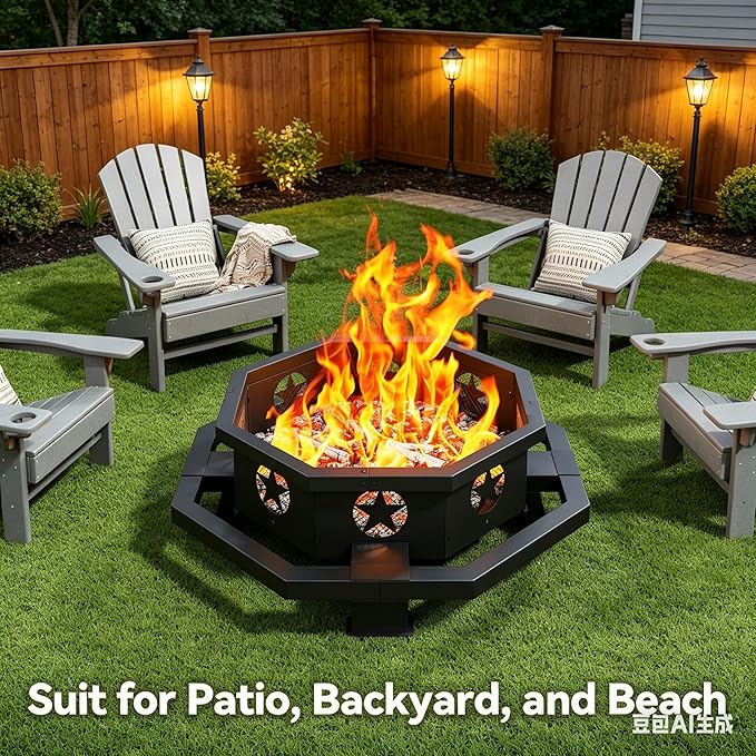 43 inch Large Fire Pit, Outdoor Fire Pit with Heavy Duty Construction, Wood Burning Fire Pits for Outside Octagonal Firepit for Camping, Backyard, Patio, Black