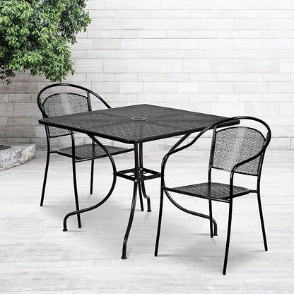 Flash Furniture 35.5" SQ Patio Table Set - 2 Round Back Chairs, Black | Commercial Grade, Indoor/Outdoor, Steel Frame, Resists UV Fading