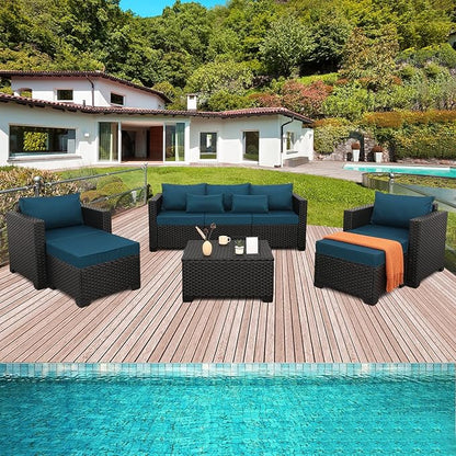 Rattaner Patio Furniture Set 6 Pieces Couch Outdoor Chairs Coffee Table Peacock Blue Anti-Slip Cushions and Waterproof Covers