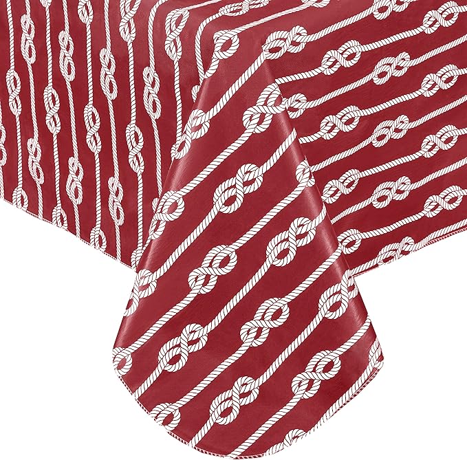 Newbridge Rectangle Vinyl Tablecloth with Flannel Backing, Red Nautical Rope Stripe, 60 x 84 Inch, Coastal Striped Indoor Outdoor Wipe Clean Picnic, BBQ and Dining Table Cover