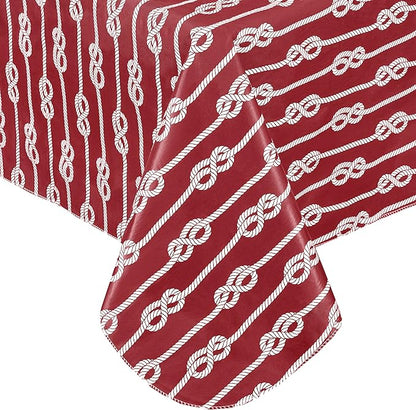 Newbridge Rectangle Vinyl Tablecloth with Flannel Backing, Red Nautical Rope Stripe, 60 x 84 Inch, Coastal Striped Indoor Outdoor Wipe Clean Picnic, BBQ and Dining Table Cover