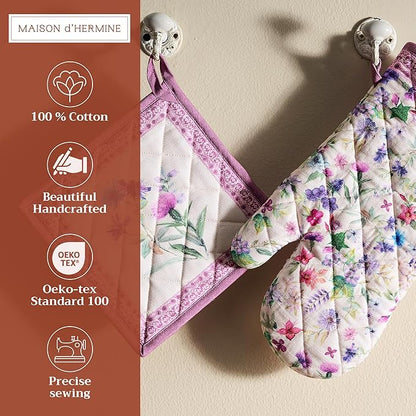 Maison d' Hermine 100% Cotton Oven Mitt & Pot Holder Set (7.5"x13" & 8"x8") Heat Resistant BBQ Cooking Gloves with Loop Baking Grilling Kitchen Hotel Home Farmhouse Spring Summer (Chardon)