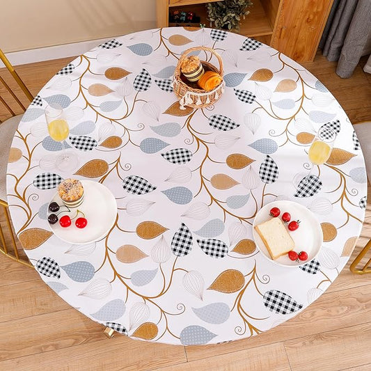 Walrus Round Vinyl Fitted Tablecloth with Flannel Backing Elastic Edge Design Table Cover Waterproof Oil-Proof PVC Table Cloth Stain-Resistant Best for 37"-44" Round