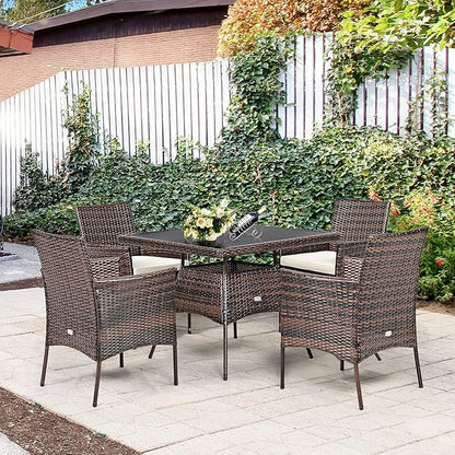 Tangkula 5 Pieces Wicker Patio Dining Set, Outdoor PE Rattan Chairs Table Set with 4 Seat Cushions, Patio Dining Furniture with Tempered Glass Tabletop, Suitable for Porch, Yard