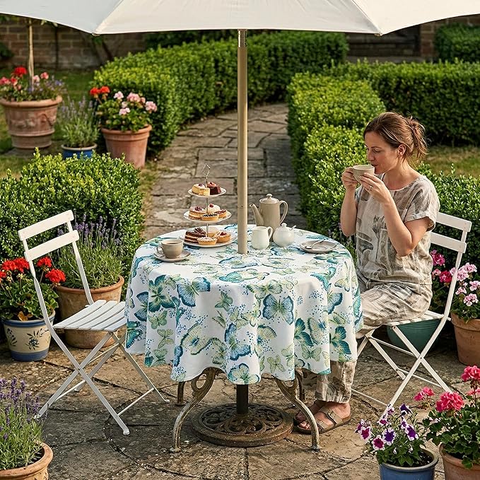 Lamberia 60" Round Patio Tablecloth with Umbrella Hole and Zipper, Waterproof Outdoor Table Cover for Patio, Backyard, BBQ, Picnic & Indoor Dining, Washable Polyester Circular Tablecloth