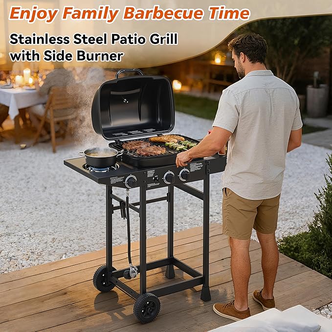 Outdoor Gas Grill with 6 Burners & Side Burner 59000 BTU Stainless Steel BBQ Grill Enamel-Coated Grates Side Tables for Backyard Patio Cooking Charcoal Grills & Smokers,A1