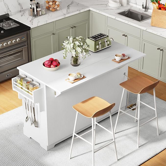 YITAHOME 59" Rolling Kitchen Island with Drop Leaf & Power Outlet, Double Pull-Out Kitchen Trash Can, Fits 10-Gal Waste Bin, Portable Islands on Wheels with Door Storage & Spice Rack, White