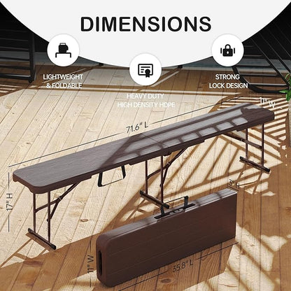 VSOAEIL 6 Foot Folding Bench 2 Pack, Foldable Plastic Bench Indoor Outdoor | 6 Feet Portable Bench Seating with Handle and HDPE Tabletop - Party, Dining, Picnic, Camping, Sports, Temporary Events, Brown