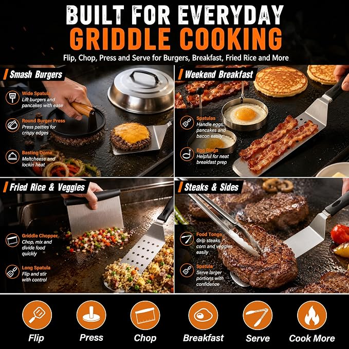 139 PCS Griddle Accessories Kit for Blackstone and Camp Chef, Flat Top Grill Tools Set with Enlarged Spatulas, Professional Burger Press Set with Patty Maker and Carry Bag for Outdoor BBQ