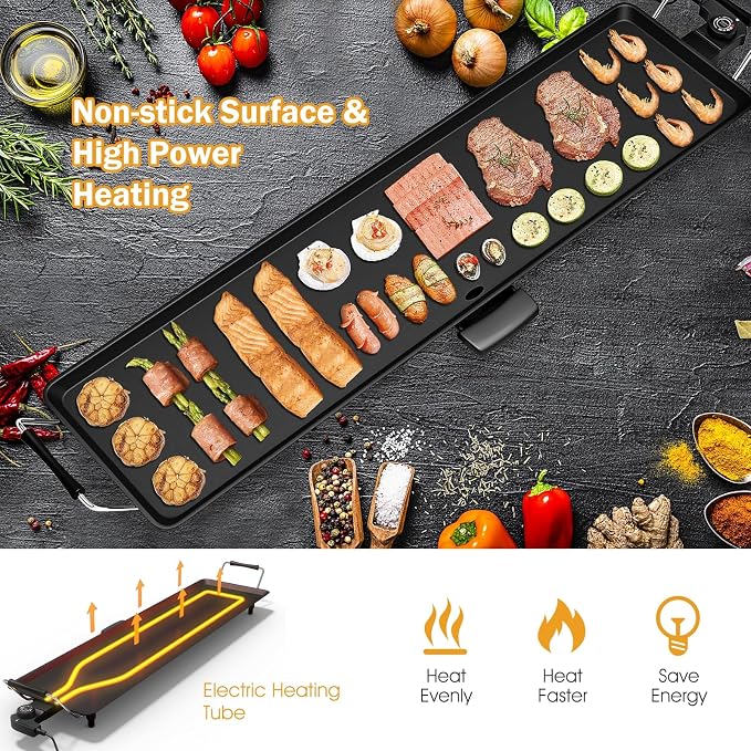 35 Inch 2000W Nonstick Electric Teppanyaki Grill | with Adjustable Temperature & Drip Tray,for Pancake Barbecue,Even heat tube,overheat guard,detachable grease tray