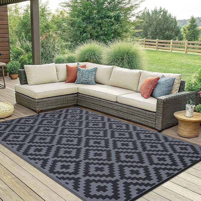 Smiry Outdoor Rug 6x9 ft Waterproof Reversible Boho Mat, Black & Grey | Polypropylene Plastic Straw, Quick Drying, Lightweight Foldable, for Patio, Deck, RV Camping, Backyard and Indoor Outdoor Use