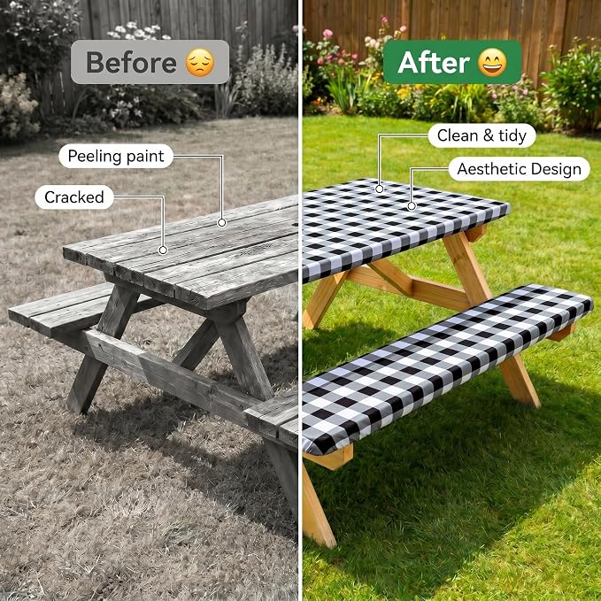 Poise3EHome Picnic Table Cover with Bench Covers, 6 Foot Fitted Elastic Tablecloth Set, Heavy Duty Polyester with TPU Waterproof Backing, Washable Outdoor Picnic Set for Camping,RV & Park(Black&White)