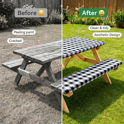 Poise3EHome Picnic Table Cover with Bench Covers, 6 Foot Fitted Elastic Tablecloth Set, Heavy Duty Polyester with TPU Waterproof Backing, Washable Outdoor Picnic Set for Camping,RV & Park(Black&White)