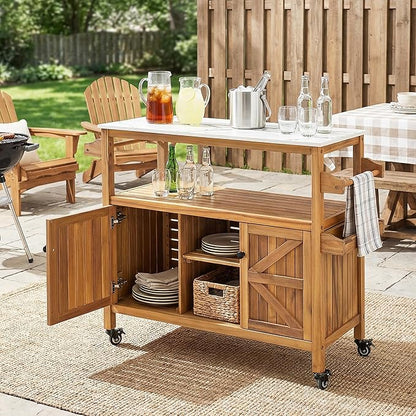 Merax Outdoor Acacia Wood Bar Cart, Natural Finish with Marble-Effect Top | Lockable Wheels & Bottle Holders for Indoor, Outdoor, Patio
