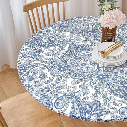 LIBERECOO Luxury Paisley Round Vinyl Tablecloth with Flannel Backing - Waterproof, Oilproof, Wipeable Dining Table Cover for Indoor/Outdoor Use