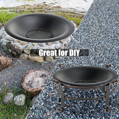 OutVue 35 inch Steel Fire Pit Bowl for DIY or Replacement Existing Fire Pits, Wood Burning Fire Pit Bowl with Spark Screen &Fire Poker, Fireplace for Backyard, Porch, Deck, Camping, BBQ(Smooth)
