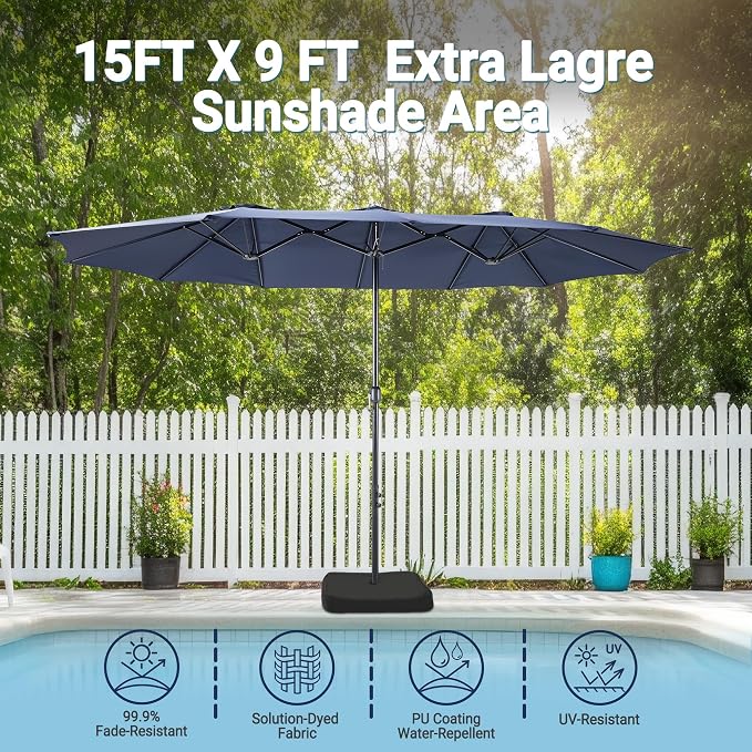 15ft Patio Umbrella with Base, 10-Year-No-Fade Large Outdoor Double-Sided Market Umbrella with UPF50+Terylene Polyester Fabric and Crank for Poolside Garden Deck Backyard Beach Pools