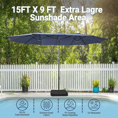 15ft Patio Umbrella with Base, 10-Year-No-Fade Large Outdoor Double-Sided Market Umbrella with UPF50+Terylene Polyester Fabric and Crank for Poolside Garden Deck Backyard Beach Pools
