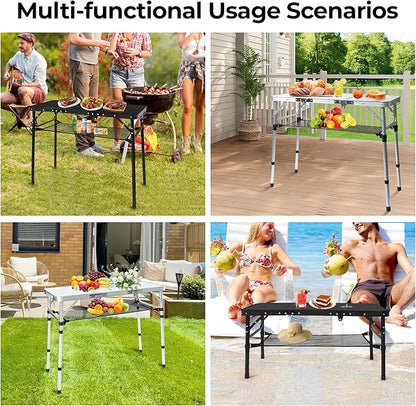 Folding Camping Table with Storage Net,3ft Portable Aluminum Folding Table with 3 Adjustable Height Max 27.3 Inch for Outdoor Backyard BBQ Picnic Cooking Tents Beach Indoor Bedroom（Black）