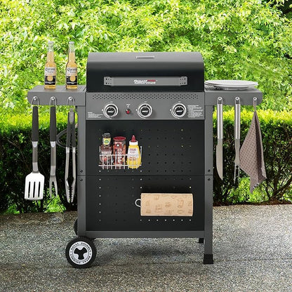 Royal Gourmet GL3001 3-Burner Gas Grill with Pegboard, 420 Sq. In. Cooking Area, 19,500 BTU, Foldable Side Shelves with Hooks, Two Large Wheels, Ideal for Backyard and Patio, Black & Cool Gray
