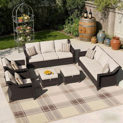6 Piece Patio Furniture Set, Wicker Outdoor Conversation Set | Patio Chair Set with Olefin Removable Cushion, All-Weather Outdoor Couch with Deep Seat for Porch, Deck and Backyard, Beige