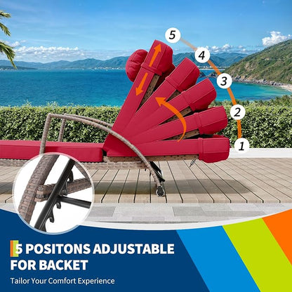 GarveeLife 2-Piece Rattan Patio Folding Chaise Lounge, 5-Position Adjustable Backrest Outdoor Lounge Chair with Cushion and Pillow for Poolside, Backyard, Deck, Porch, Red