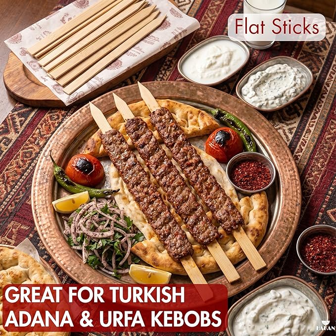 Hakan 9.8” Bamboo BBQ Skewers 100 Pcs | Flat Kabob Skewers for Grilling Meat, Vegetables & Fruit | Shish Kebob Food Sticks | Cocktail Picks, Strong Appetizer Sticks for Party & BBQ, (25 cm x 2 cm)