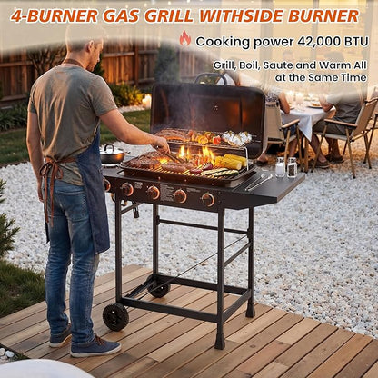 Outdoor Gas Grill with 6 Burners & Side Burner 59000 BTU Stainless Steel BBQ Grill Enamel-Coated Grates Side Tables for Backyard Patio Cooking Charcoal Grills & Smokers,A4