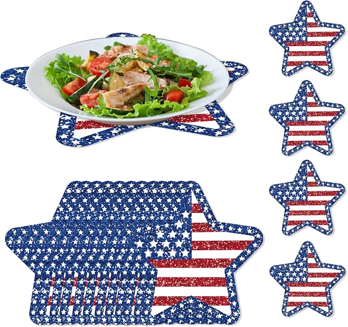 24 PCS Independence Day Star Shaped Placemats Set, 12" x 12" Patriotic American Flag Red White Blue Star Placemat Disposable Table Mats for 4th of July Party BBQ Picnic Dining Table Decoration