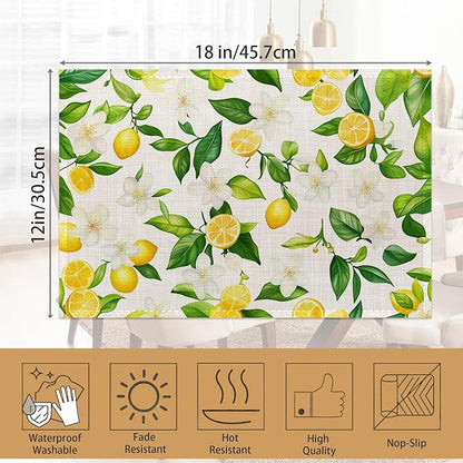 Placemats12x18 Inch,Lemons Flower Placemats,Green Leaf Kitchen Dining Coffee Table Mats Set of 6 for Home Indoor Outdoor Party