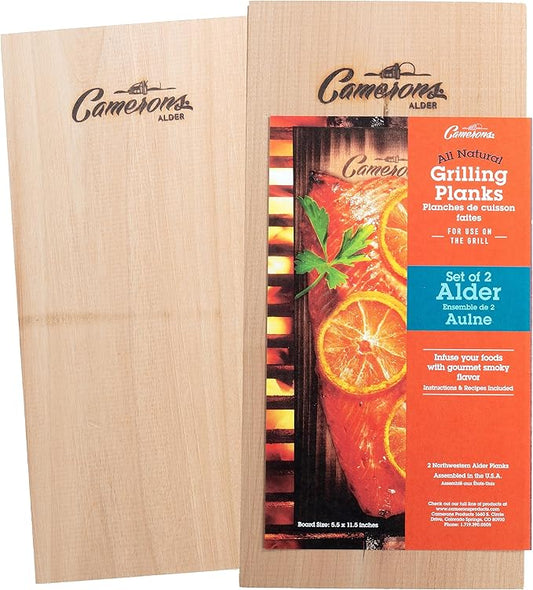 Camerons Alder Grilling Planks - 2 Pack (5.5"x11.5") - Premium Natural Alder Wood - Easily Infuse Smoky Flavor into BBQ Salmon, Fish, Pork, Veggies, and More - Sourced in the USA - Grilling Gift Idea