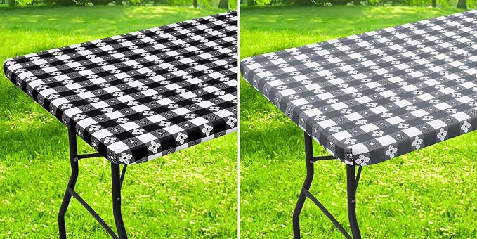 Rectangle Picnic Table Cloth, Waterproof Elastic Fitted Table Covers for 6 Foot Tables, Flannel Backed Plastic Vinyl Tablecloths for Camping, Dining and Indoor (Black & White+Grey & White)