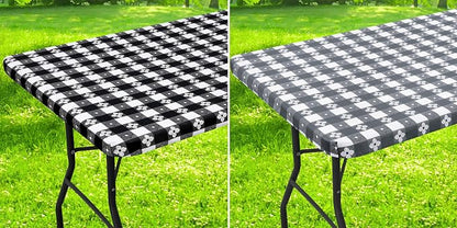Rectangle Picnic Table Cloth, Waterproof Elastic Fitted Table Covers for 6 Foot Tables, Flannel Backed Plastic Vinyl Tablecloths for Camping, Dining and Indoor (Black & White+Grey & White)