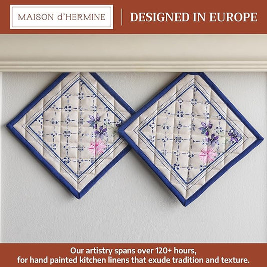 Maison d' Hermine Pot Holders 100% Cotton Heat Resistant Potholders 8" x 8" Hot Pads with Loop BBQ Cooking Baking Hotel Farmhouse Kitchen Handling Hot Pans Spring Summer (Pack of 2, Faience)