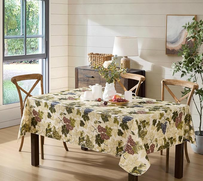 Newbridge 60 x 84 Inch Rectangle Vinyl Tablecloth with Flannel Backing, Grapevine Print, Grape Theme Indoor Outdoor Waterproof Table Cover, Picnic, Barbeque, Patio and Kitchen Dining