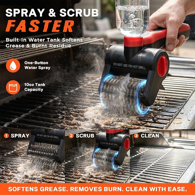 Electric Grill Brush with Water Spray System, Cordless BBQ Grill Cleaner, Rechargeable Power Scrubber for Gas, Charcoal & Pellet Grills, IPX8 Waterproof Grill Cleaning Brush with Scraper & Case