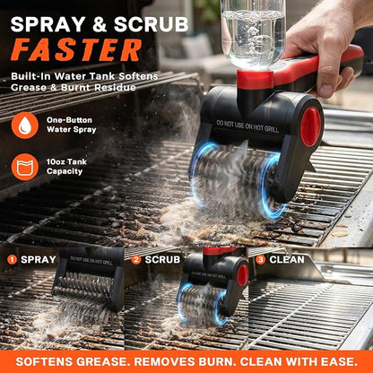 Electric Grill Brush with Water Spray System, Cordless BBQ Grill Cleaner, Rechargeable Power Scrubber for Gas, Charcoal & Pellet Grills, IPX8 Waterproof Grill Cleaning Brush with Scraper & Case